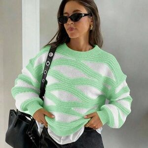 Shein Round Neck Wave Striped Contrast Color Long Sleeve Sweater